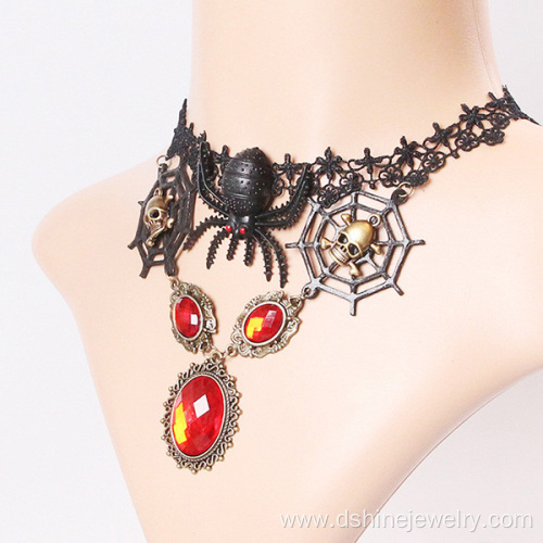 Spider skull charm choker Red stone pendant Lace Necklace